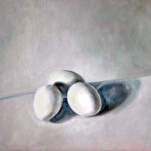 Eier auf weißem Tischtuch 2: Gänseeier | Öl | 2006 | Irmingard Gebert