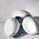 Eier auf weißem Tischtuch 2: Gänseeier | Öl | 2006 | Irmingard Gebert